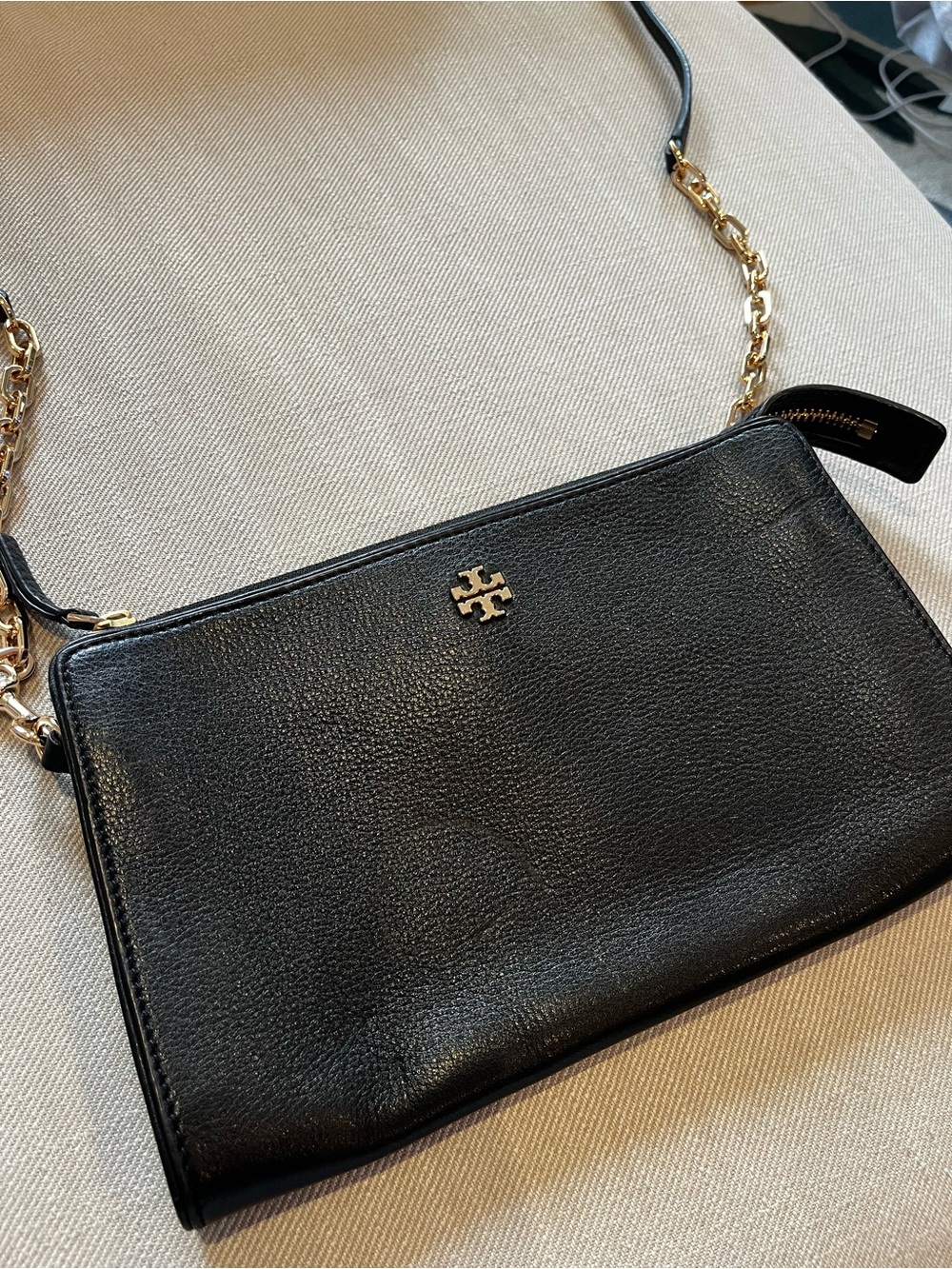 Tory Burch Black Pebbled Leather Crossbody with Gold Chain